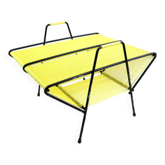 Vintage portable record holder, French mid-century modern with bright yellow vinyl cord, retro MCM hifi accessory for storage, music center