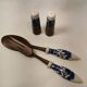 Vintage salad service in ceramic and natural wood. pepper shaker, salt shaker and 2 cutlery