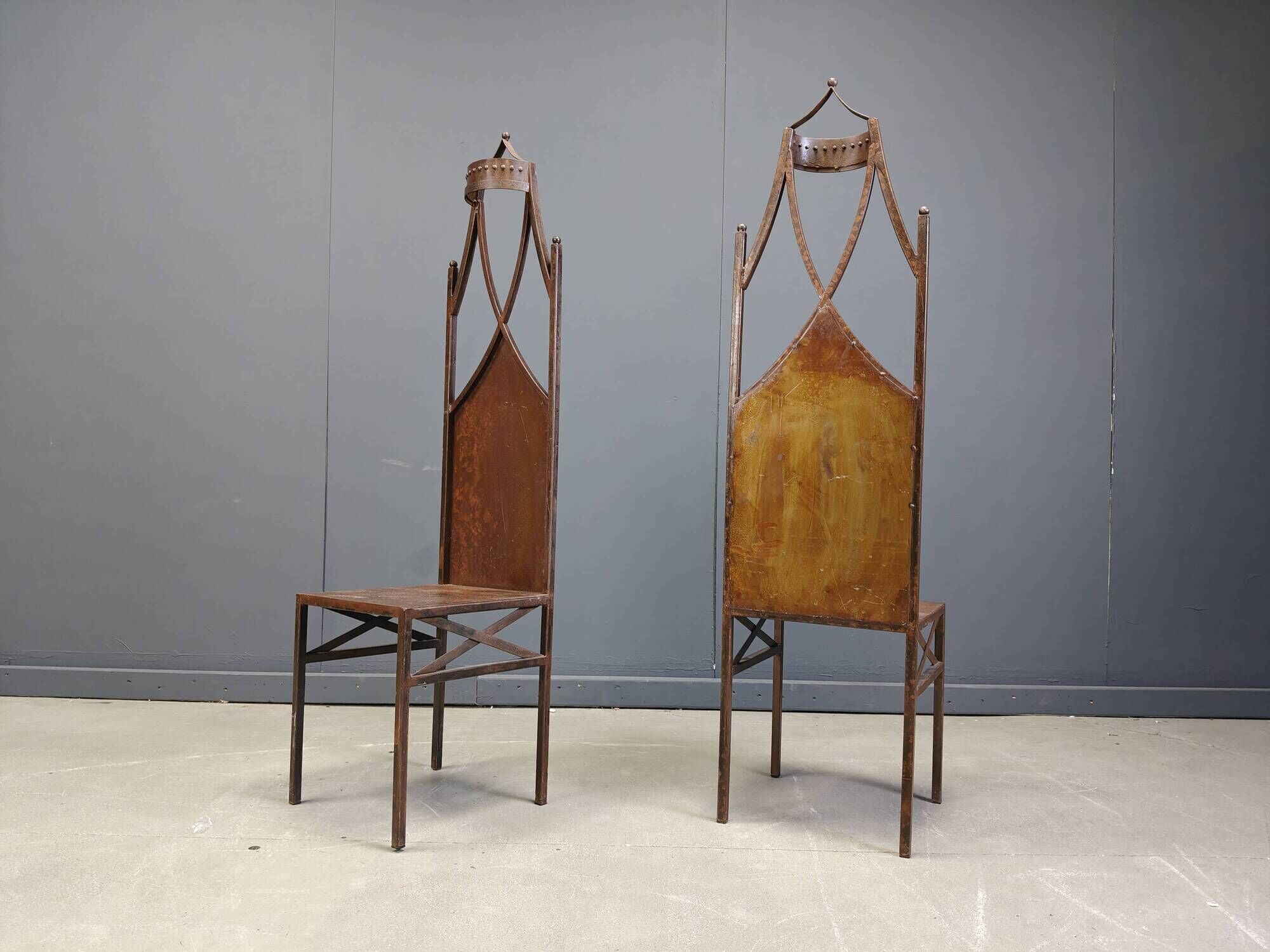 Pair of gothic french high back side chairs, 1960s