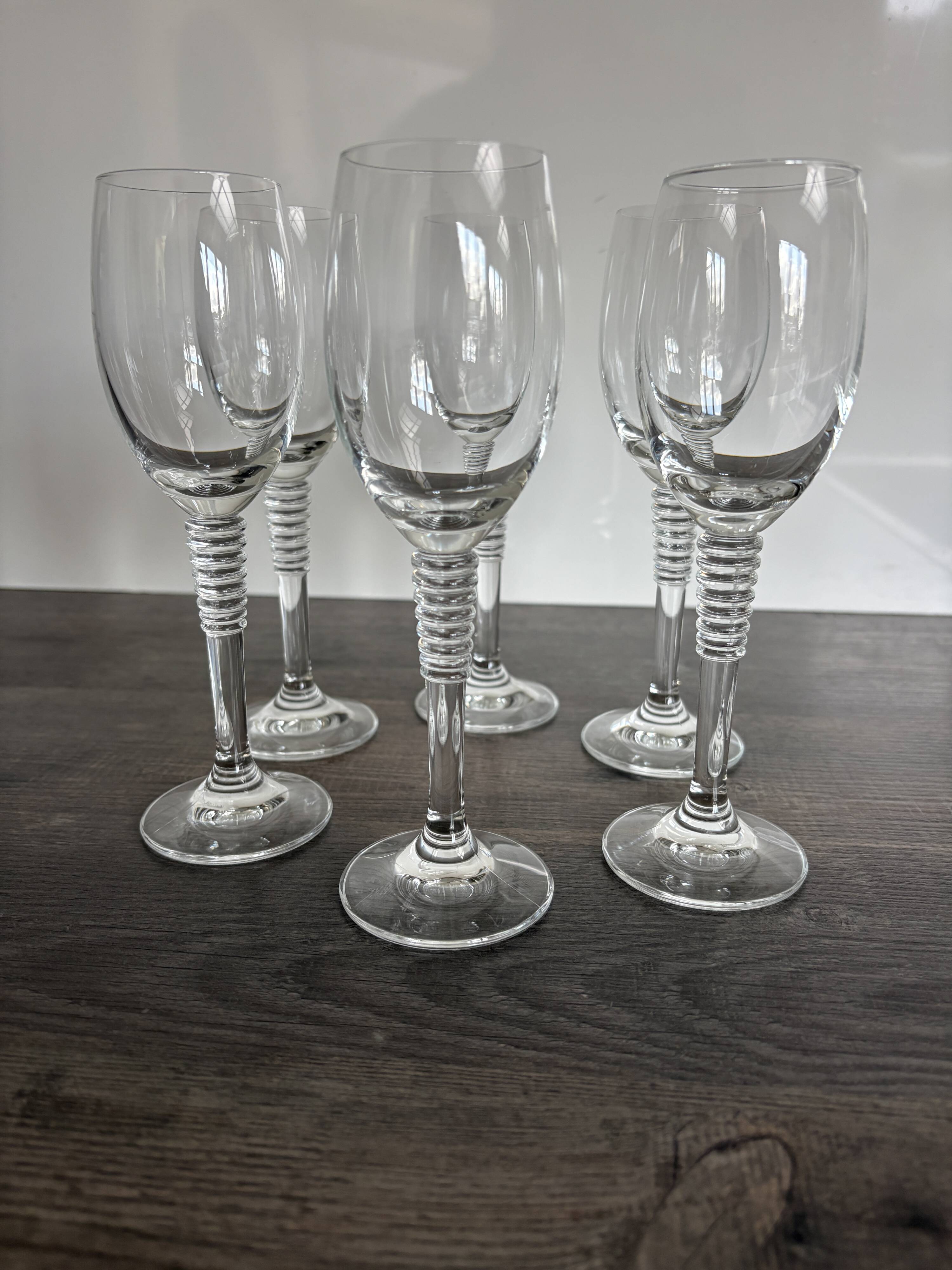6 Vintage Ribbed Stem Crystal Glasses