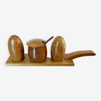 Scandinavian server, salt, pepper, mustard in teak 1960-70