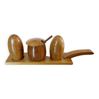 Scandinavian server, salt, pepper, mustard in teak 1960-70