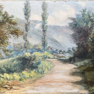 Tableau HST "Landscape with Tree-Filled Village" signed Drox 1905