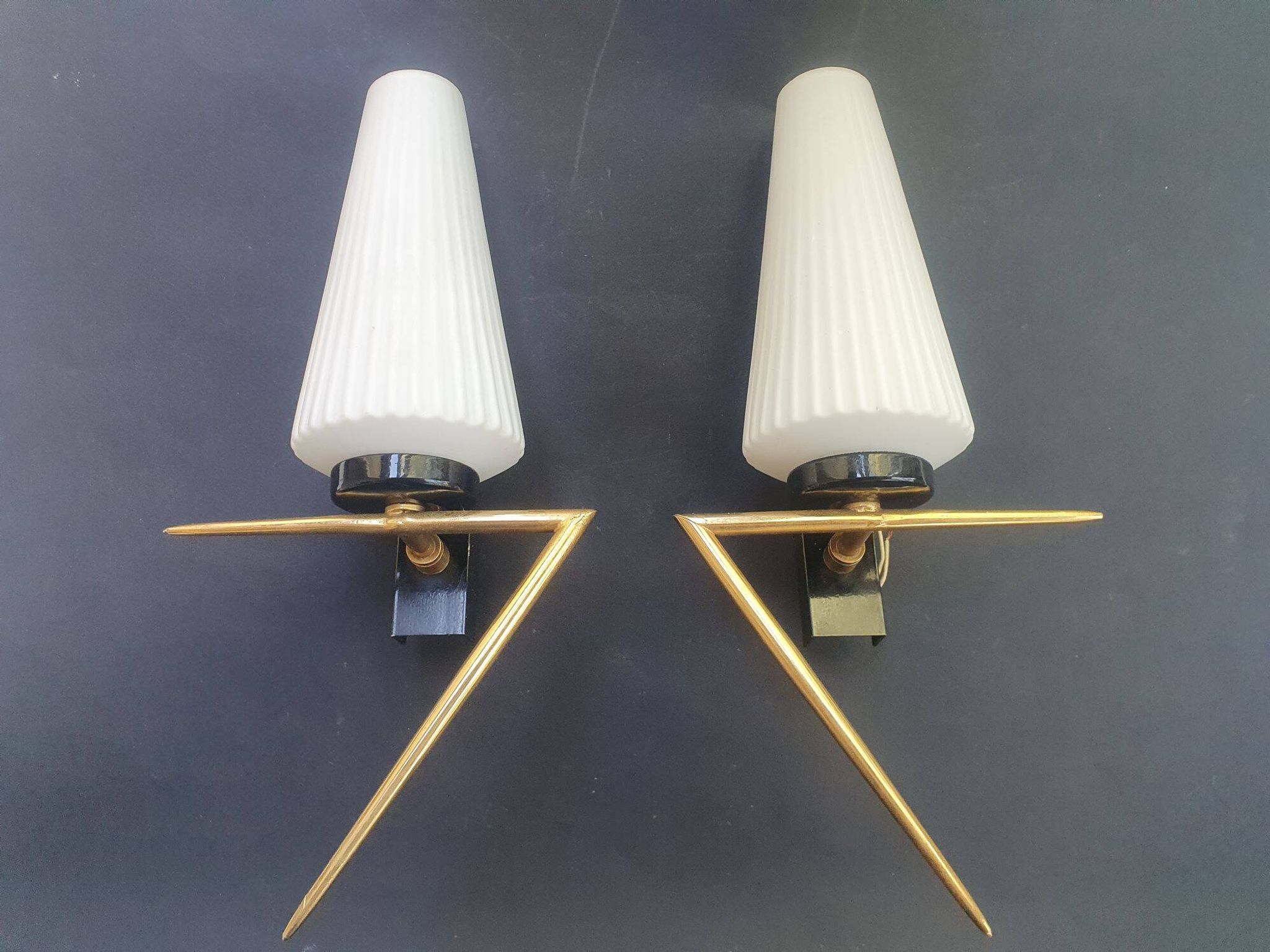 Pair of antique gold wall sconces Arlus 1950s
