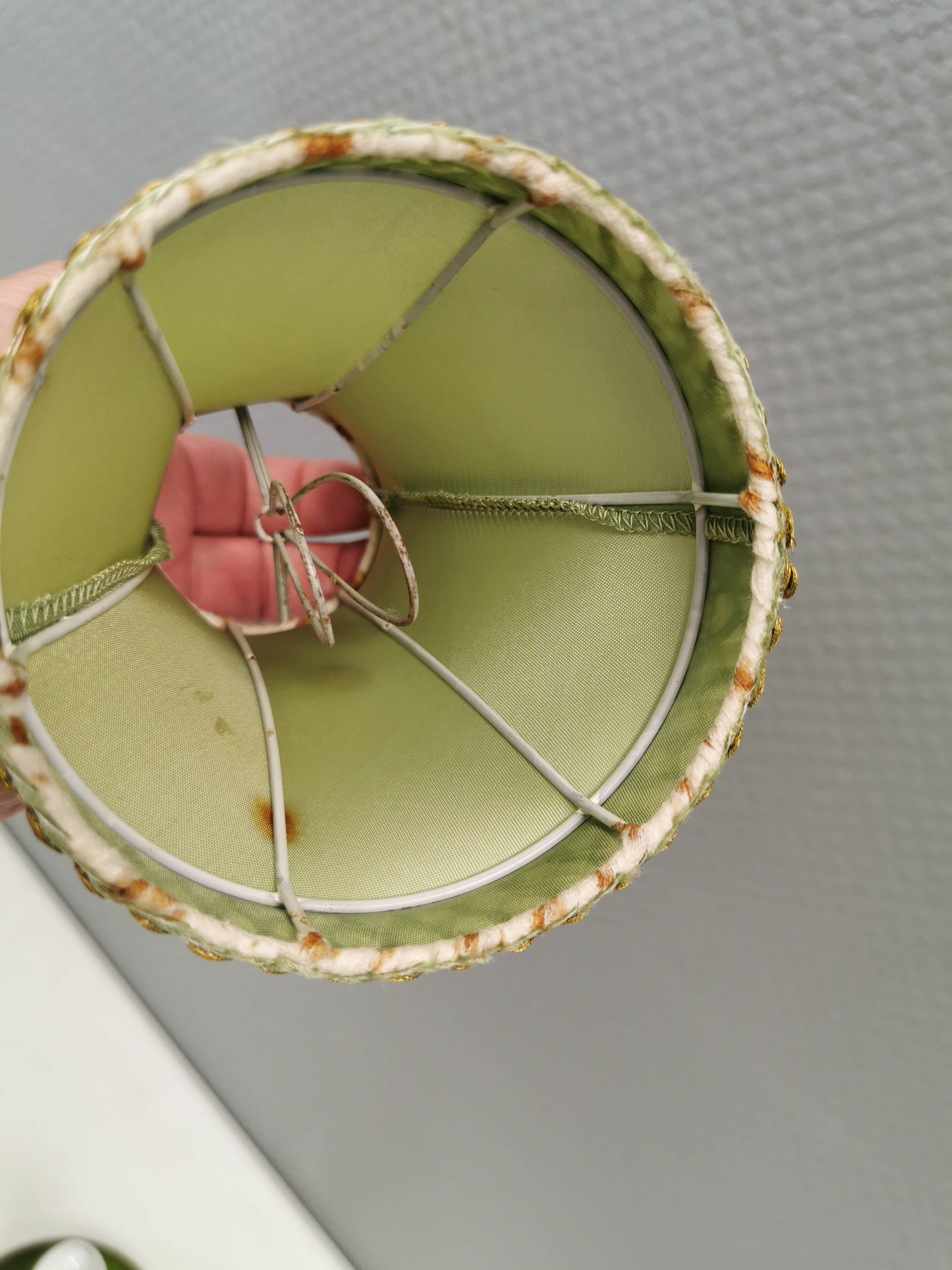 Small ceramic table lamp with beautiful green glaze and original shade, 70s