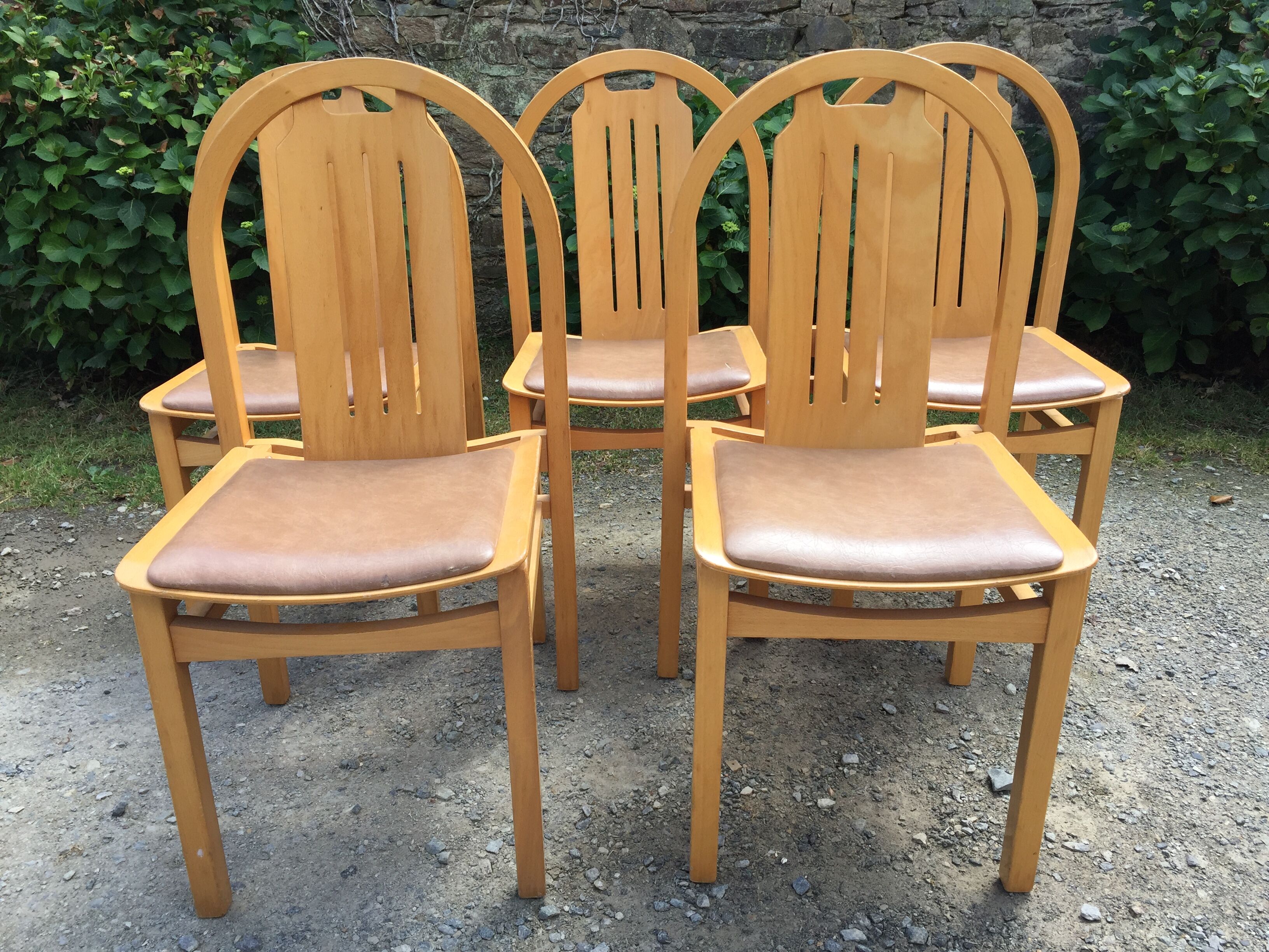 Vintage Baumann chairs in beech, seats in beige brown Skaï, series of 6.