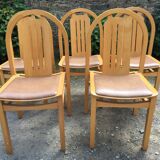 Vintage Baumann chairs in beech, seats in beige brown Skaï, series of 6.