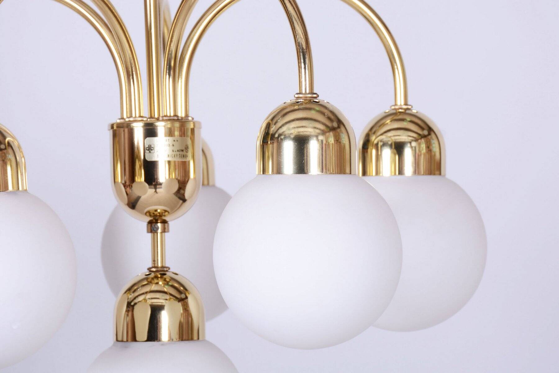 Mid-Century Chandelier in Brass and Opaline Glass, Czech, 1950s