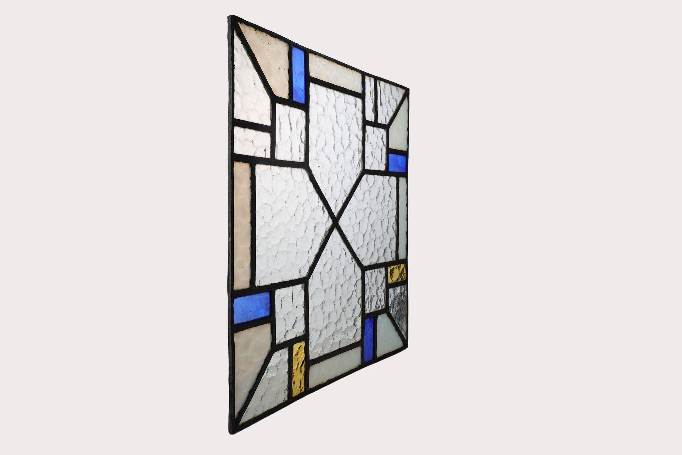 Art Deco Leaded Glass Panel with Geometric Cross Motif, Belgium, Circa 1920