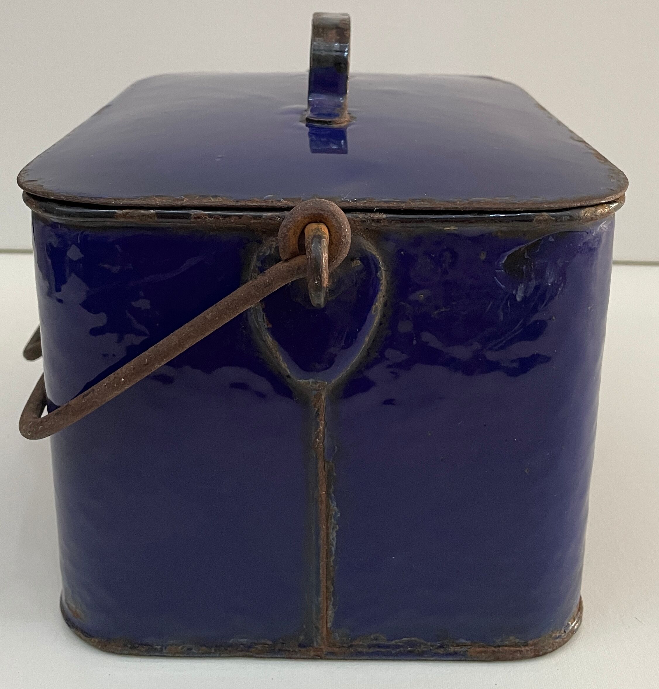 Old blue enamelled metal box