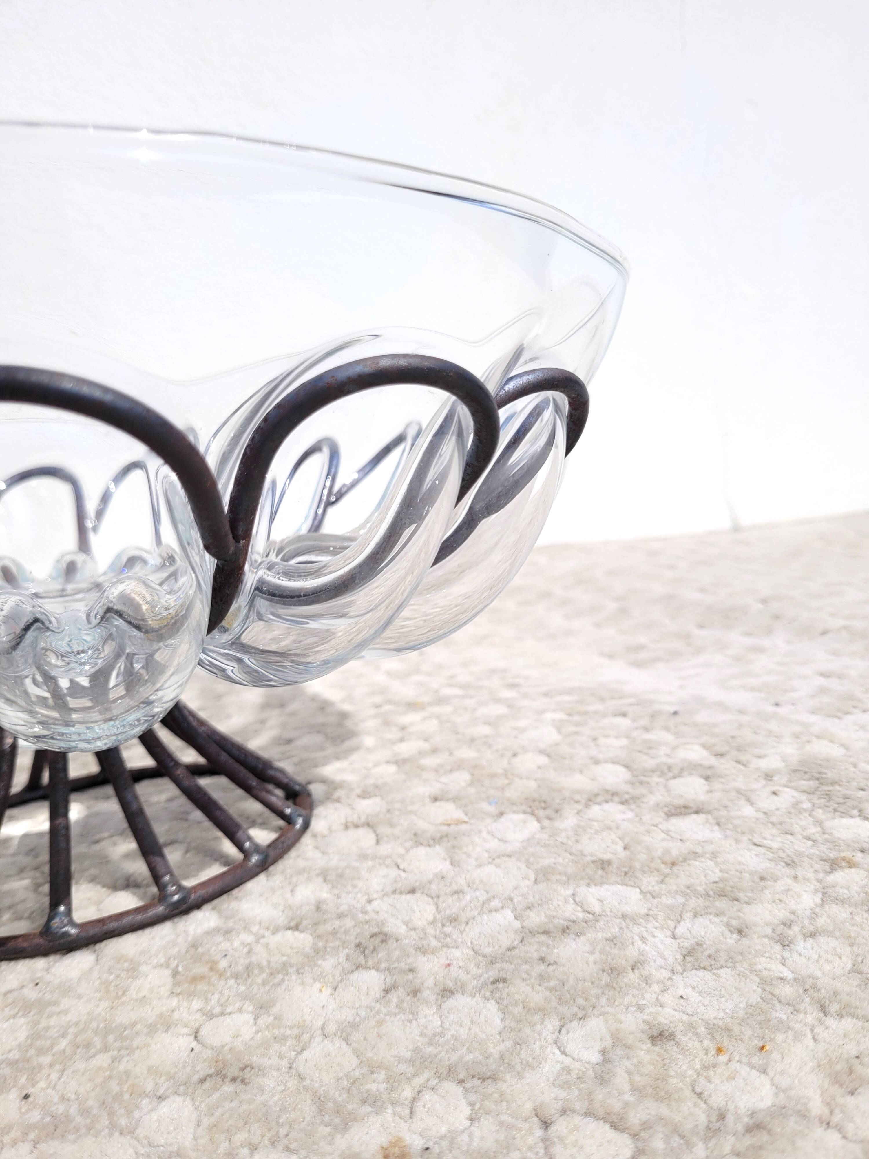 Large wrought iron and strained glass bowl