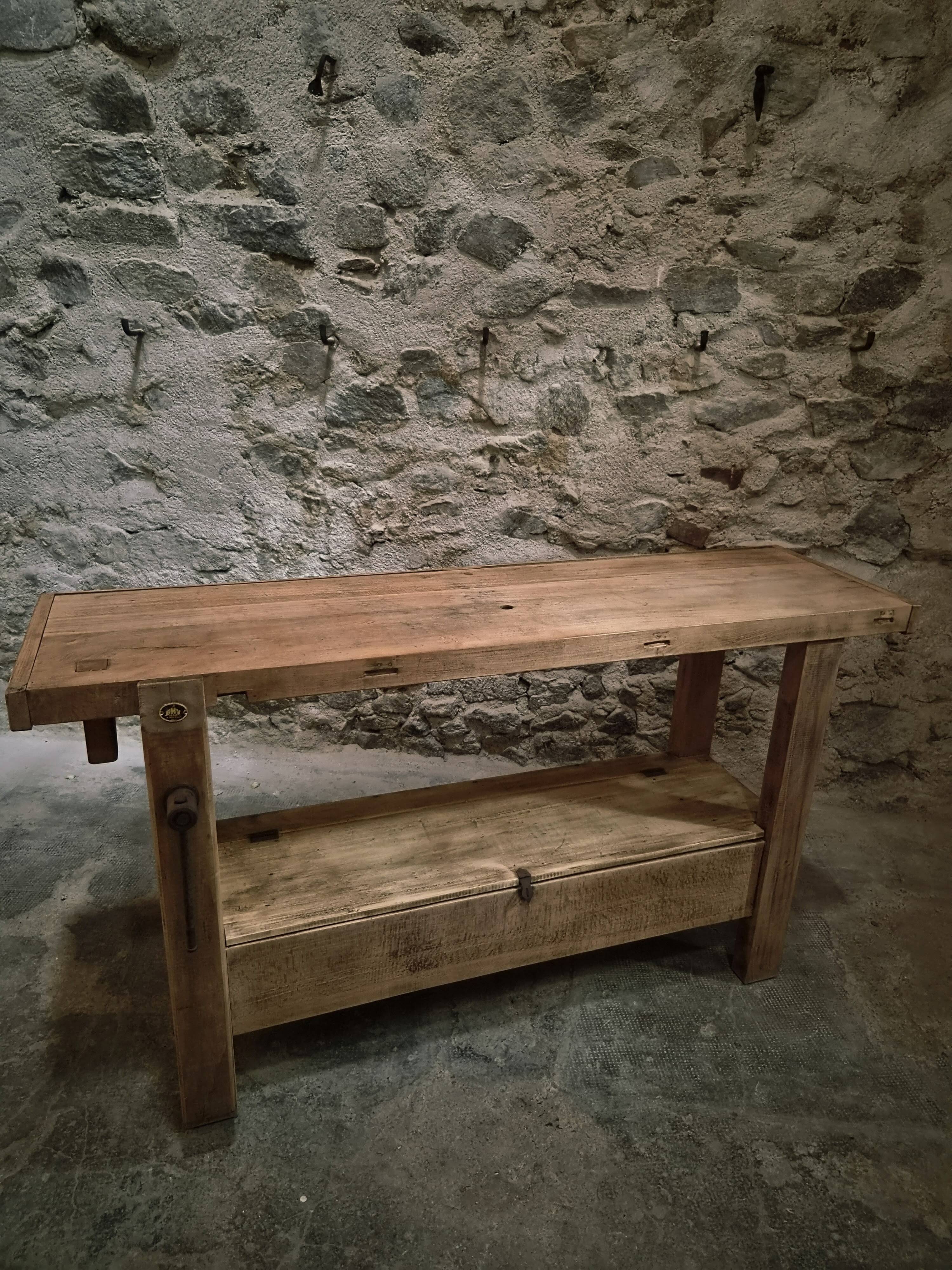 Vintage French beech side table, console, washbasin unit, industrial side table, circa 1950–1970.
