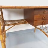 Vintage Louis Sognot desk in rattan and wood from the 1960s