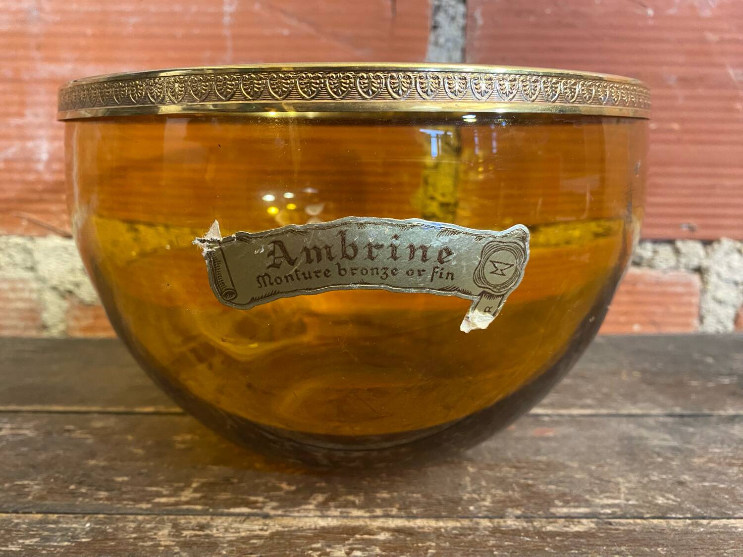 Salad bowl + 2 Antique AMBRINE Bowls Amber Glass + Gold Bronze Mounting
