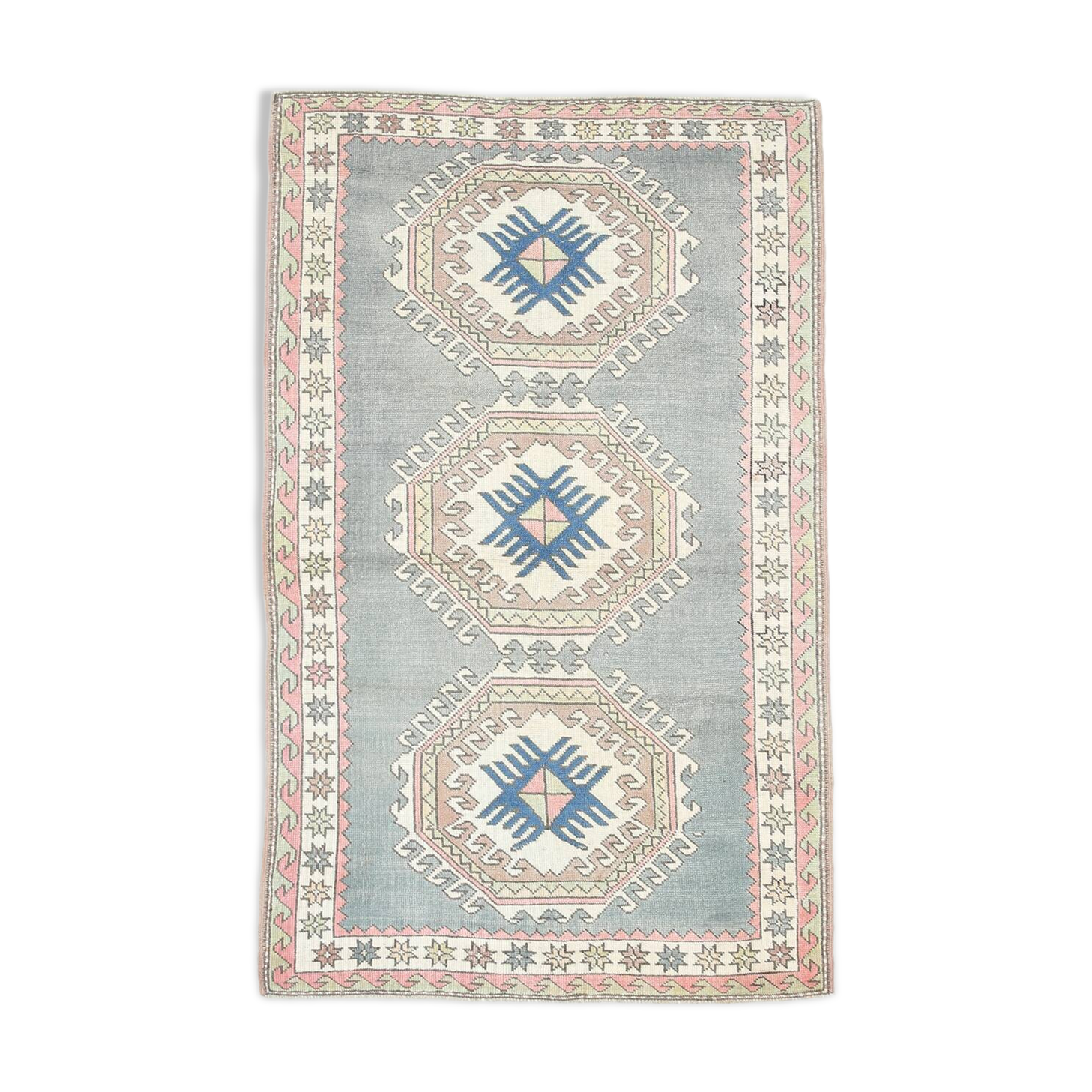 4x7 Vintage Oushak Area Rug, Beige & Grey Turkish Pattern Rug, 128x206 Cm