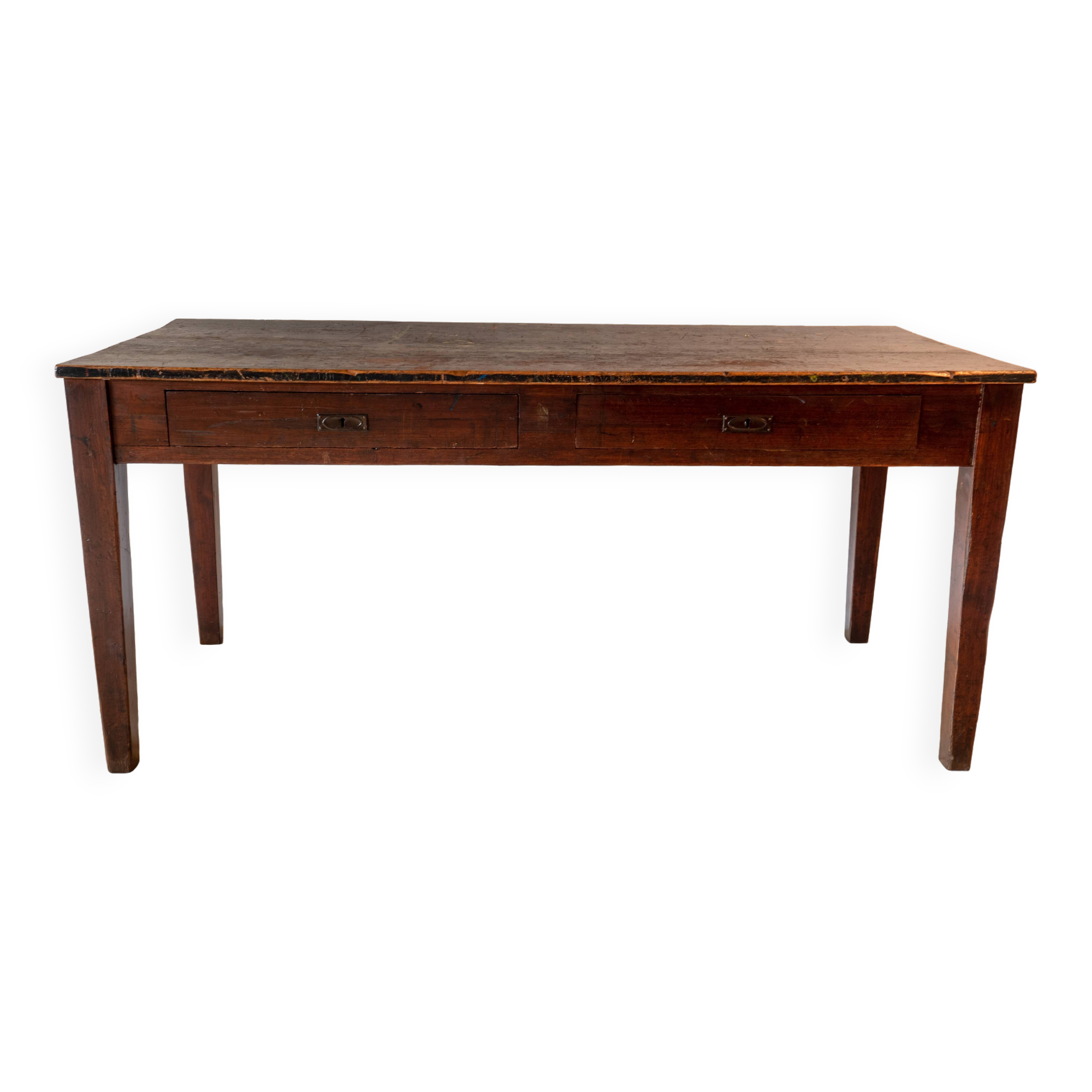 Table antique avec 2 tiroirs en patine
