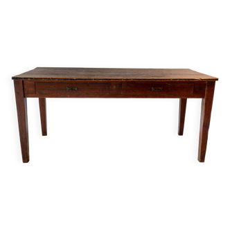 Table antique avec 2 tiroirs en patine