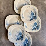 6 dessert plates Gien in blue ironstone, "Birds" service circa 1870 no. 2