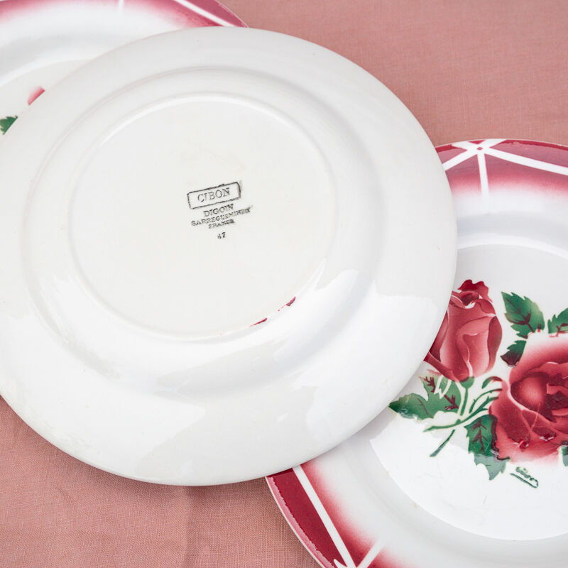 6 plates pink flowers Cibon Digoin sarreguemines