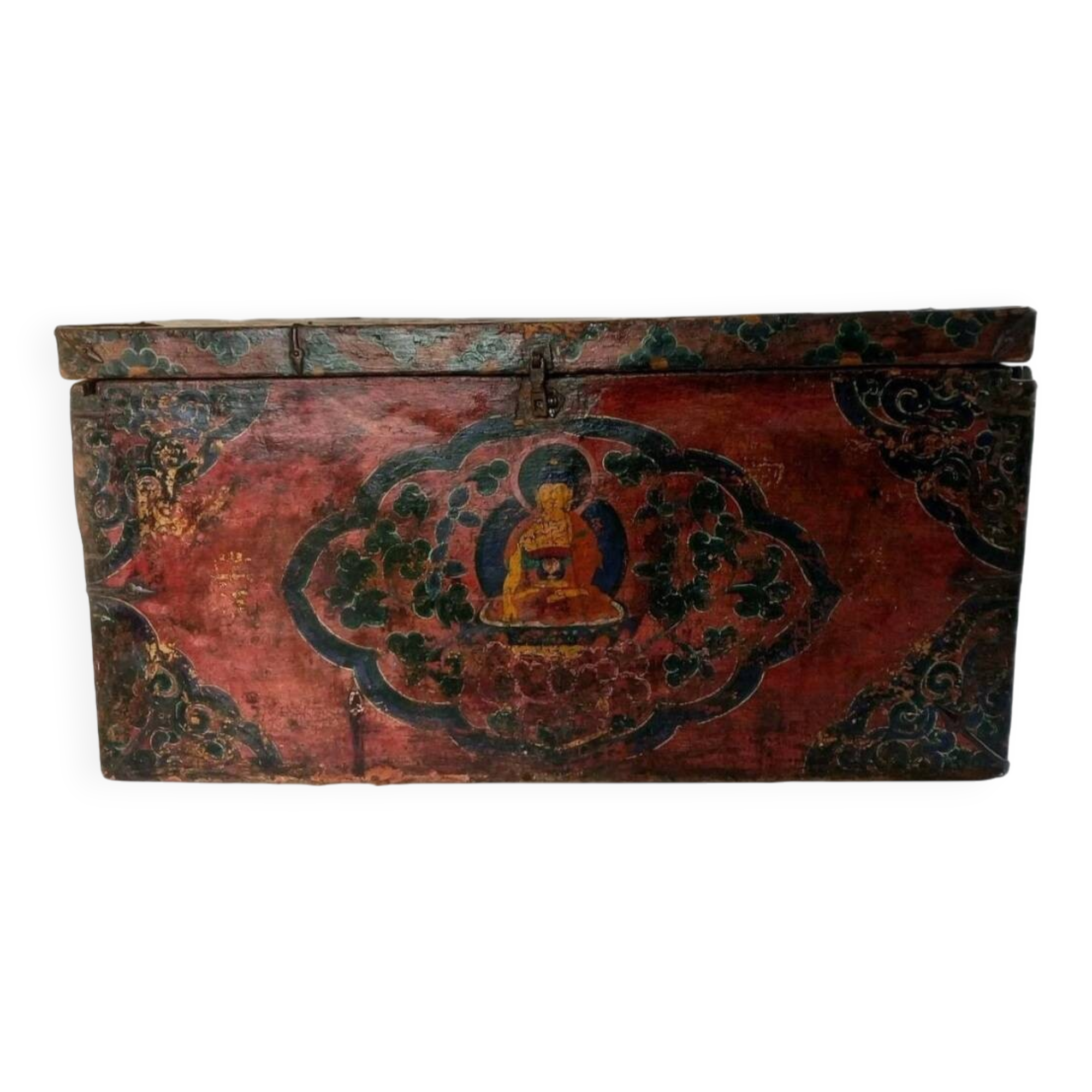 Grand Coffre ancien tibetain en bois avec peinture de bouddha XVIII