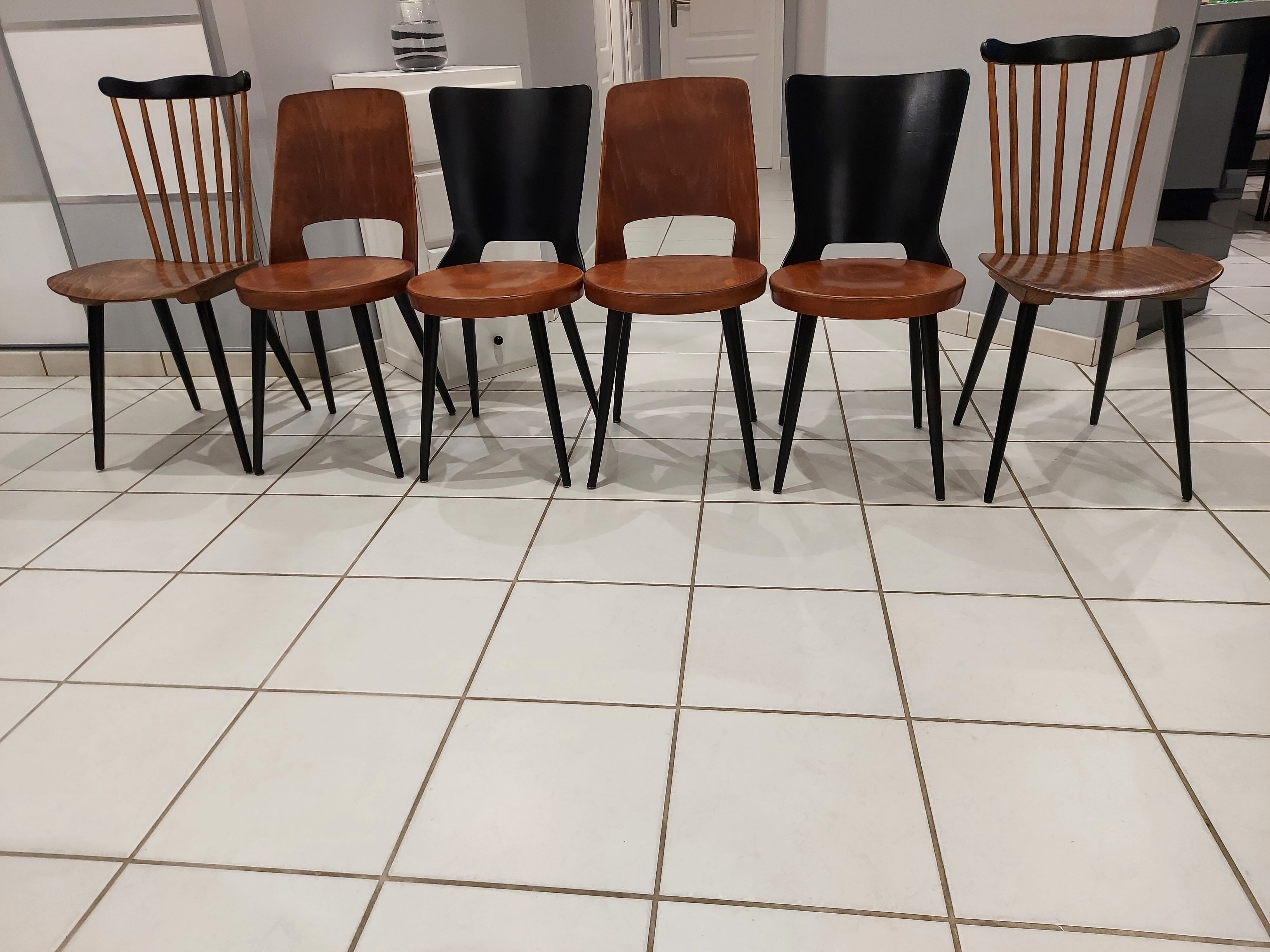 Suite of 6 chairs of Bistrot Baumann mismatched Mondor,Dove,Minuet