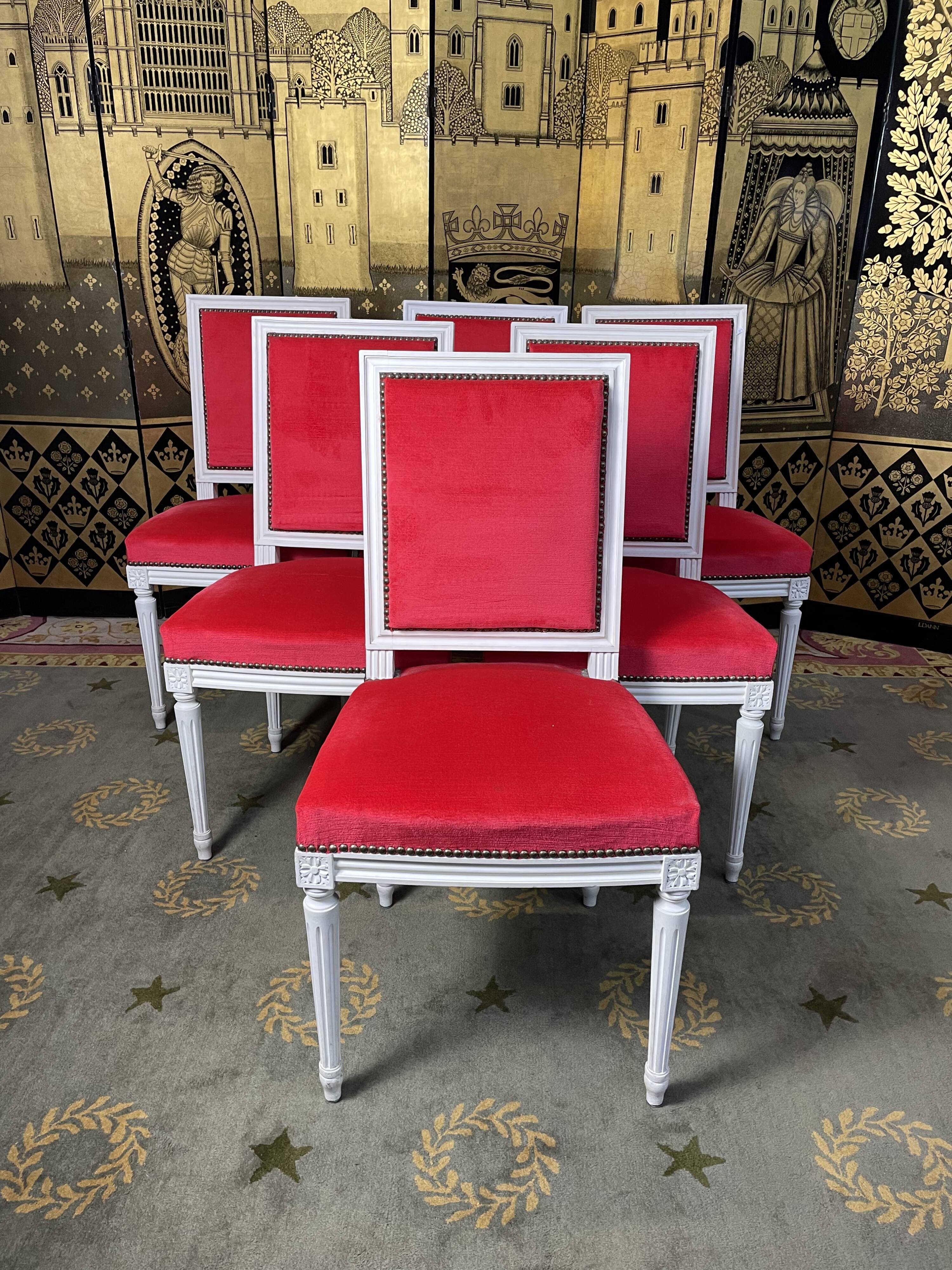 Suite of 6 Louis XVI red velvet style chairs