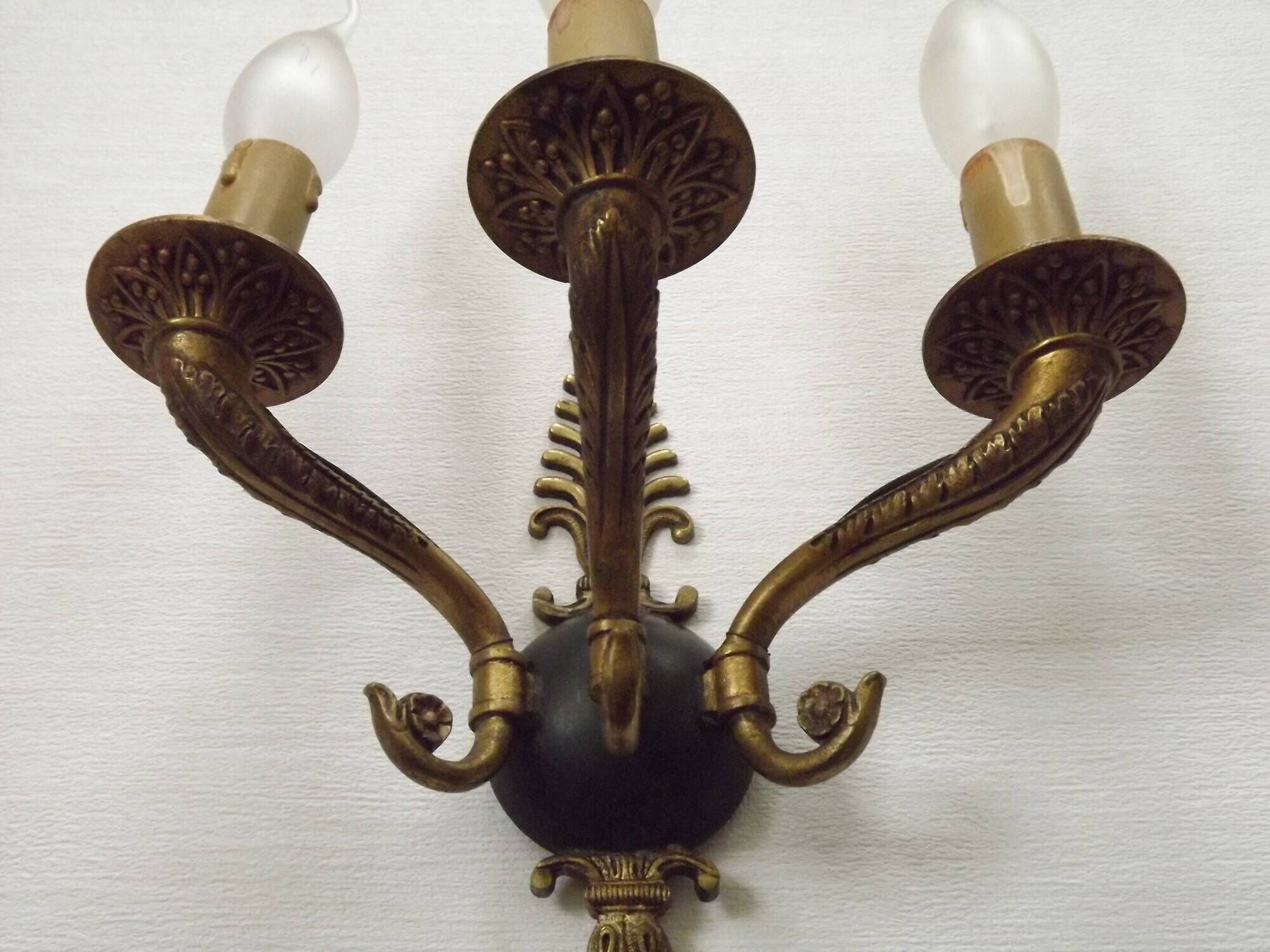 Set of 3 Bronze French Empire Style Triple Light Wall Sconces Neoclassical