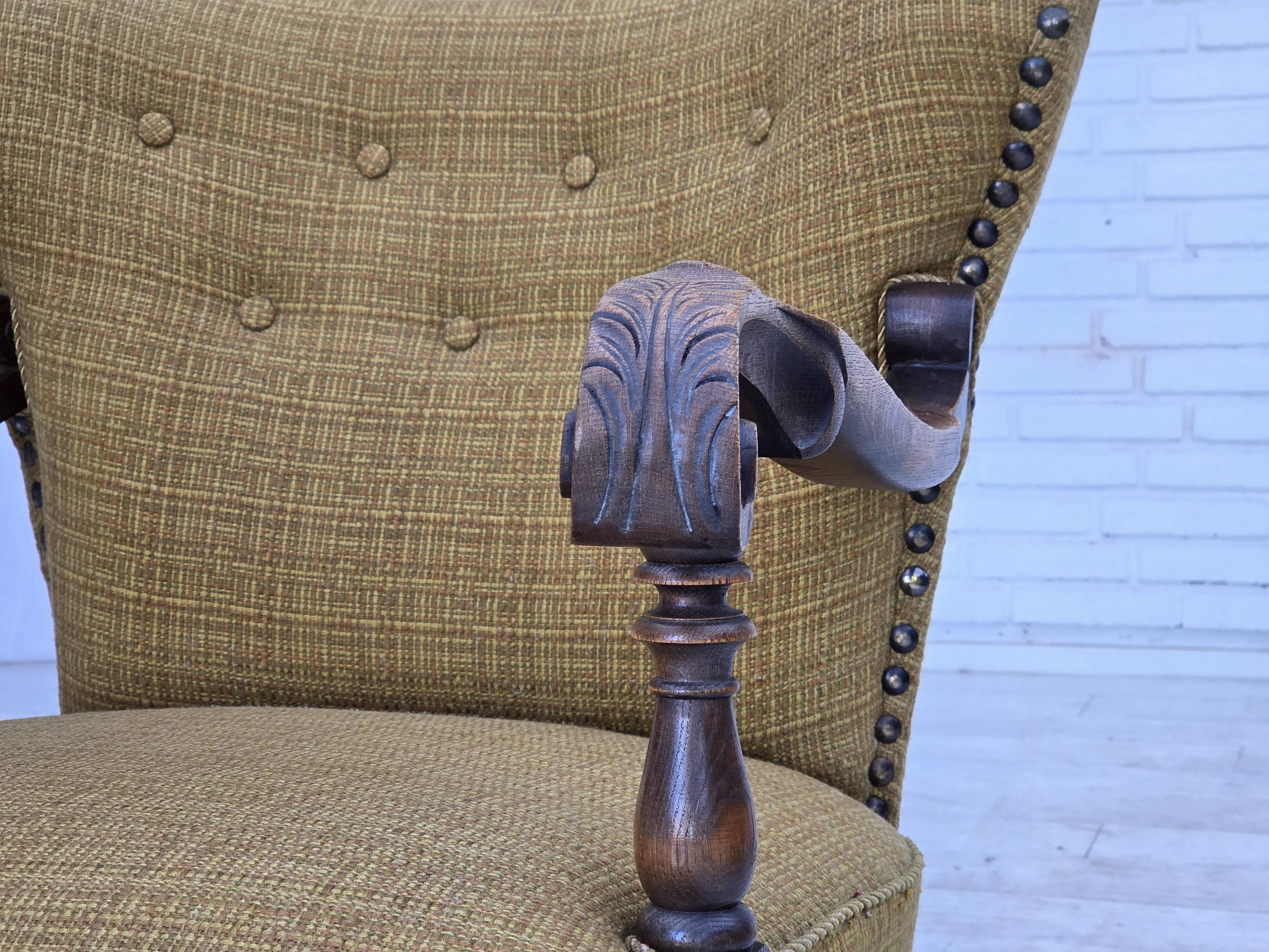 1960s, Danish armchair, original green furniture wool, carved oak wood,