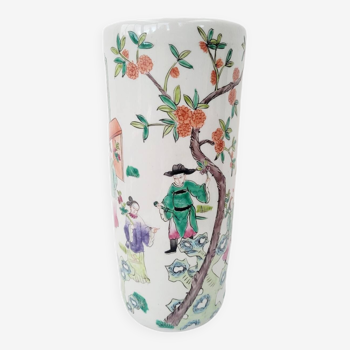 Vase rouleau ancien porcelaine à décor chinoise polychrome