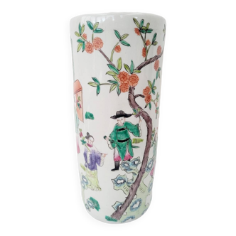 Vase rouleau ancien porcelaine à décor chinoise polychrome