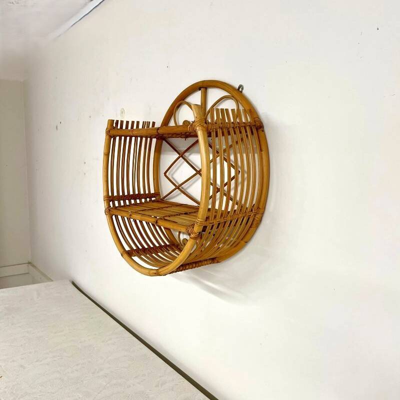 Vintage round rattan wall shelf – 70s bohemian style