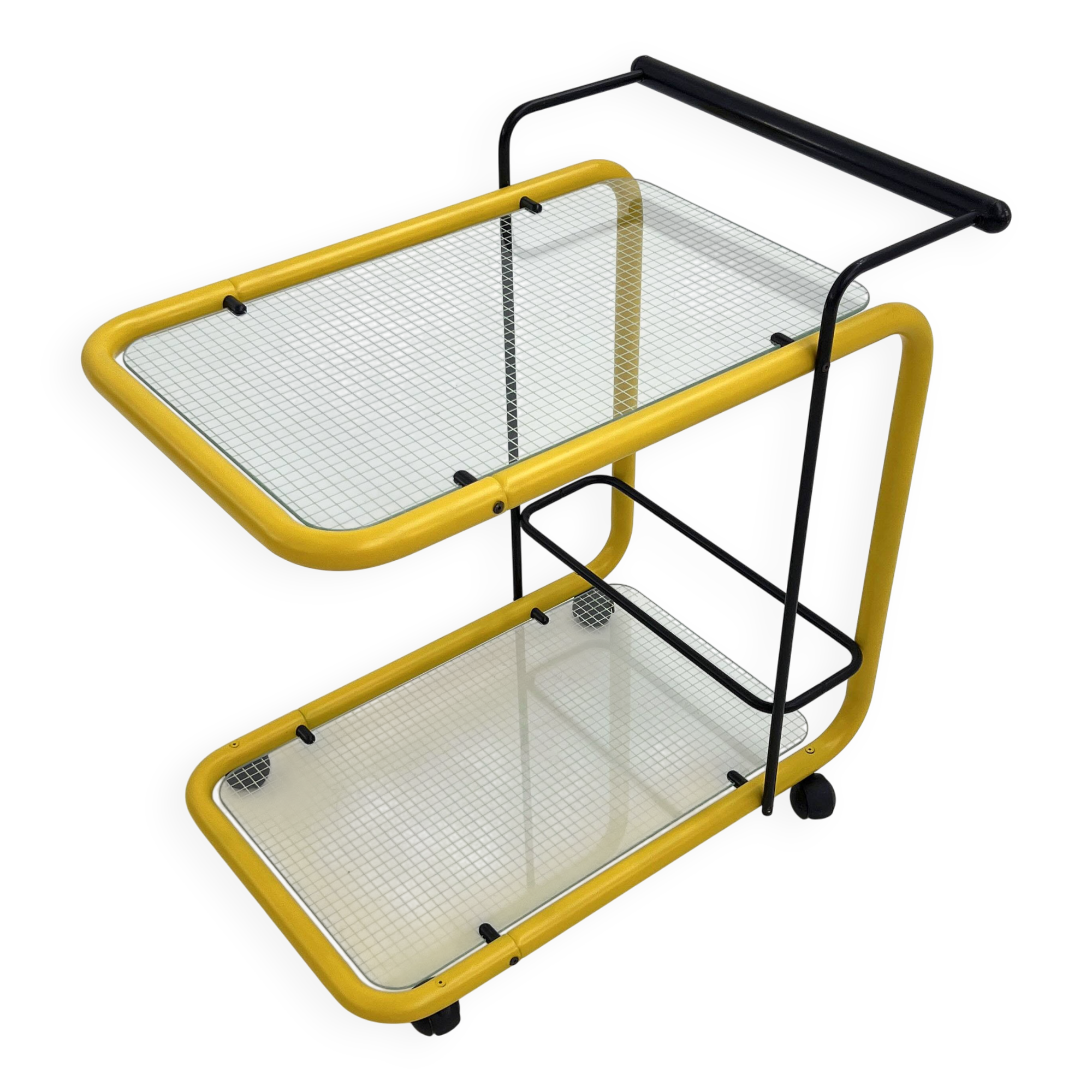Desserte postmoderne noire et jaune en métal et verre, 1980