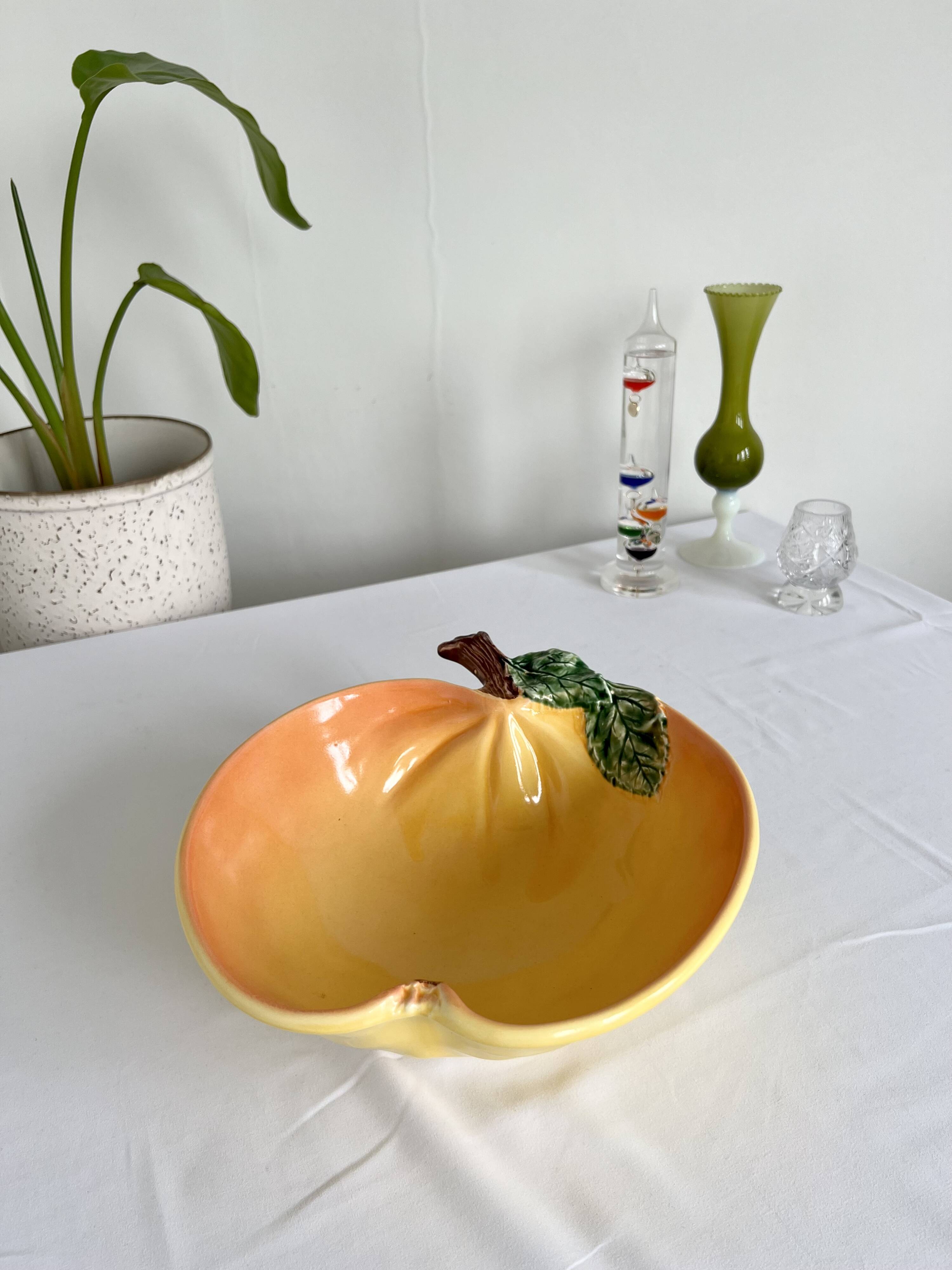 Large vintage salad bowl slip apple shape hand painted earthenware
