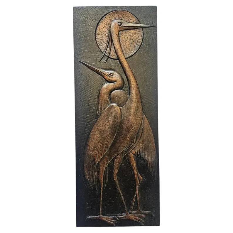 Rare Wall Wood Relief Sculpture of Herons, 1960s