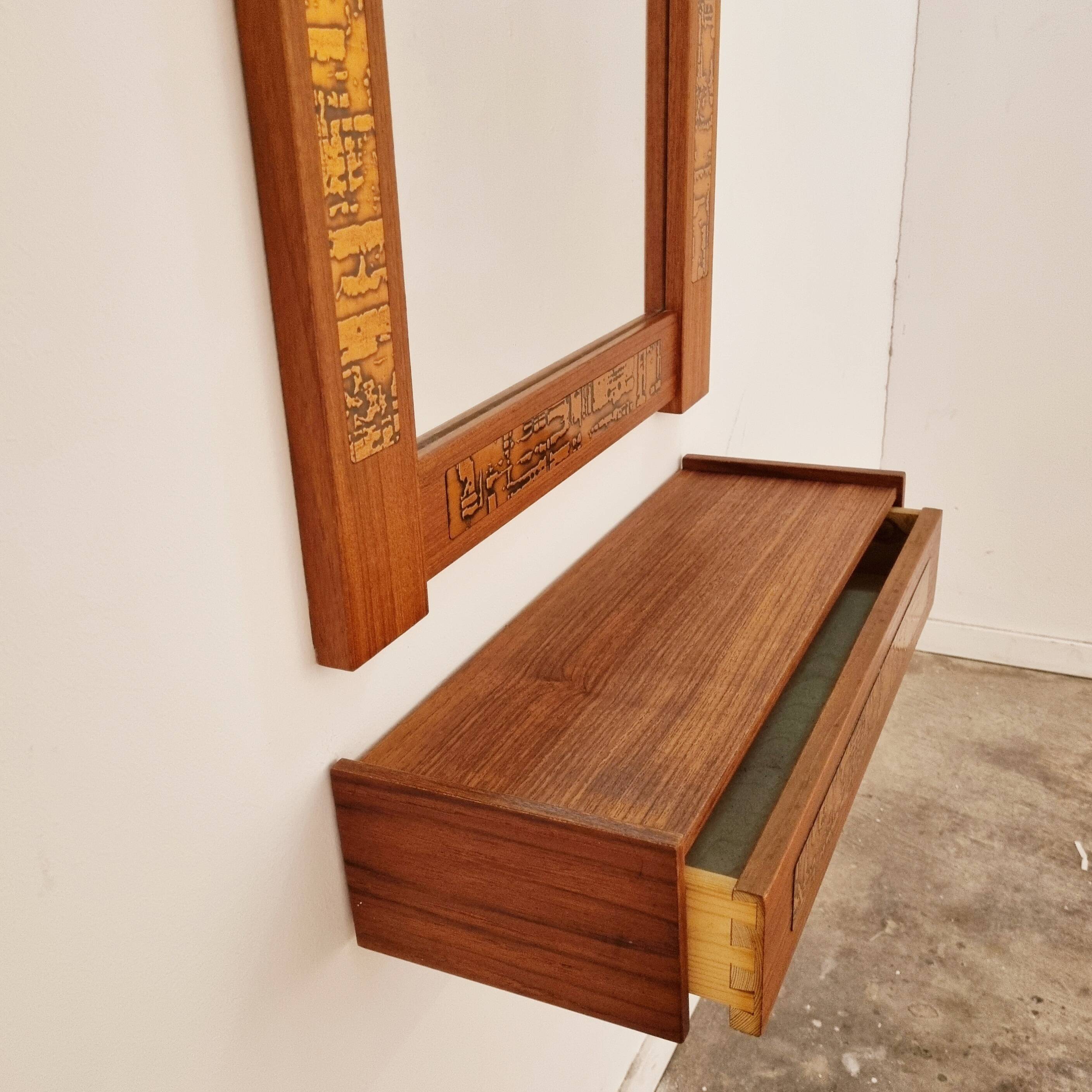 Mid-Century Teak and Copper Hallway Set with Mirror and Shelve, 1960s, Set of 2