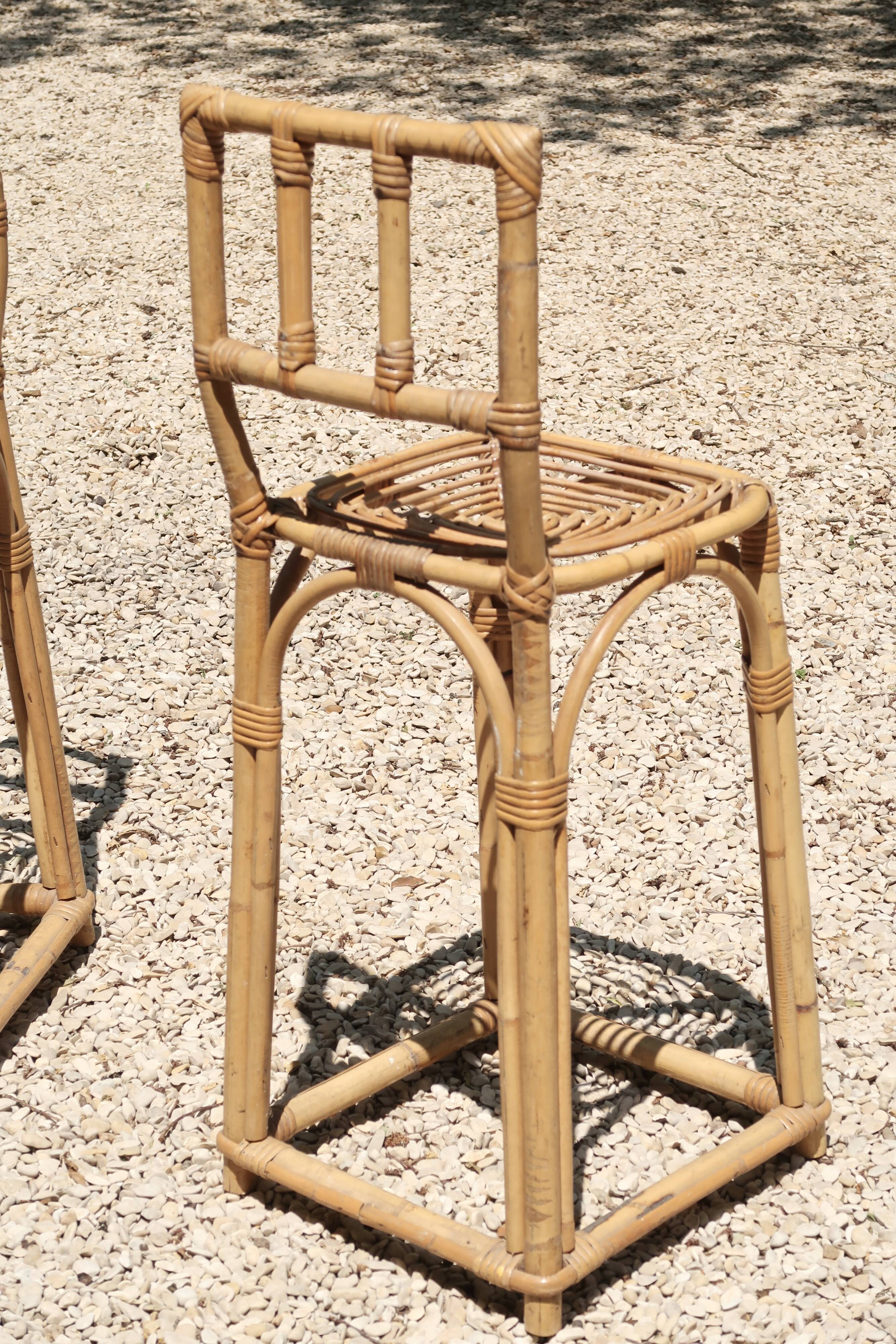 Pair of bamboo rattan bar stools, 70s