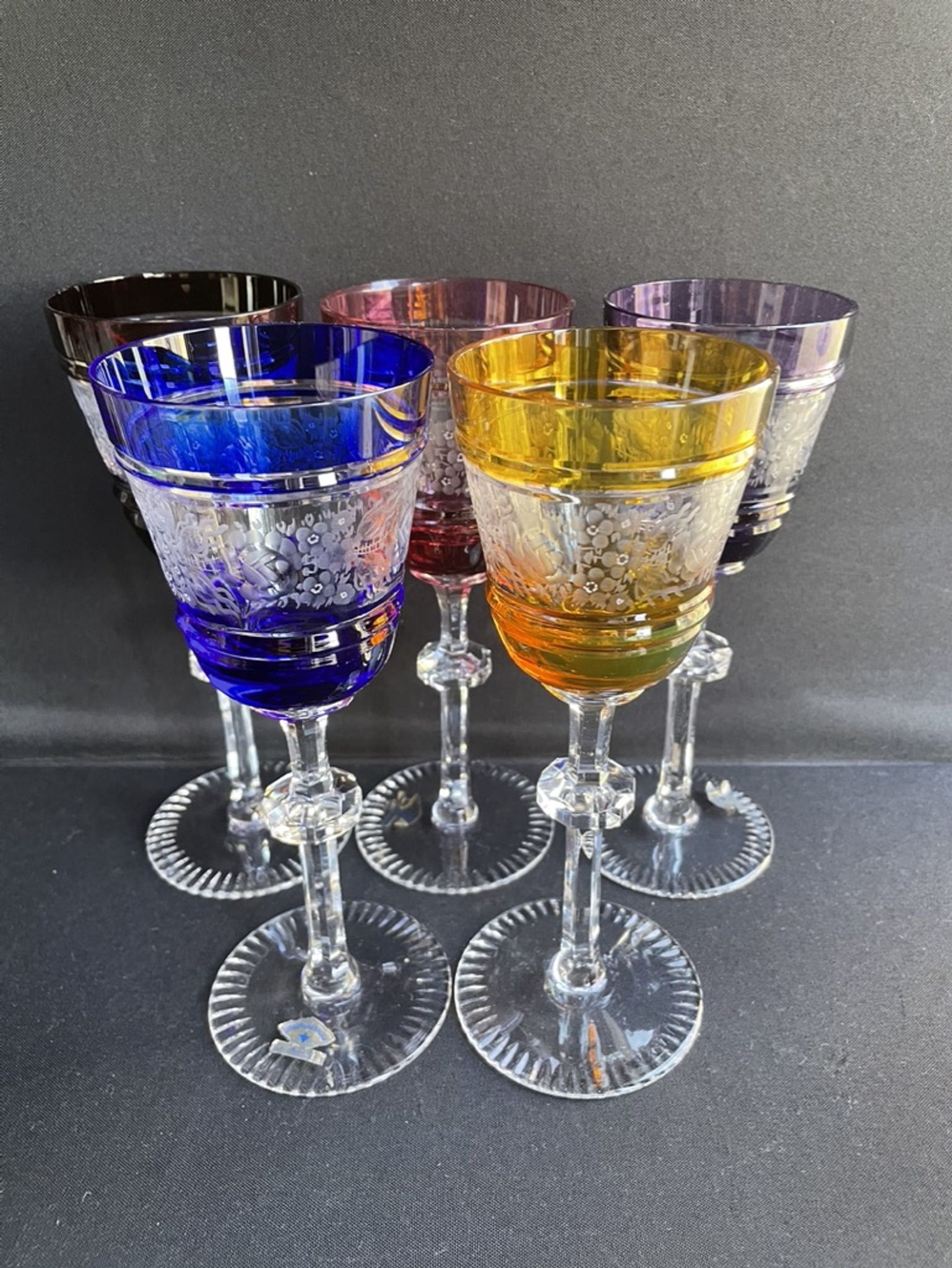 Josephinenhütte - red wine glasses (5) - Art Nouveau - Cut and engraved Crystal Roemer