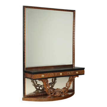 Console ancienne avec miroir en noyer et marbre vert, Italie, XXe siècle