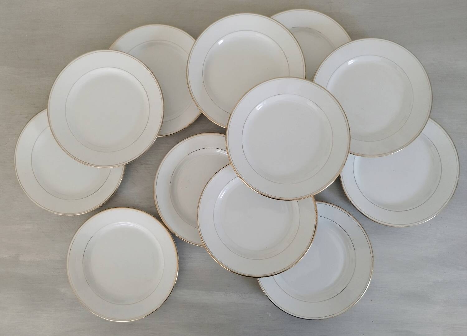 Old Earthenware Dinner Plates Hamage and Moulin des Loups White and Vintage Golden Fillet