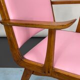 Vintage Italian wood accent chair in pink leatherette. Italy 1950s