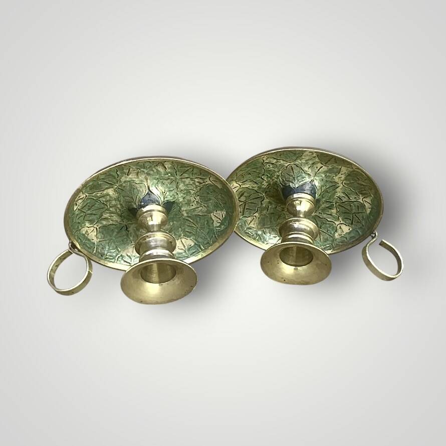 Pair of cloisonné brass cellar rat candlesticks – 1960s