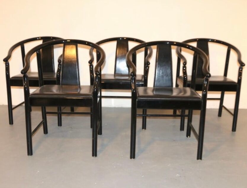Set of 5 black lacquered leather dining chairs similar to China Chair Wegner