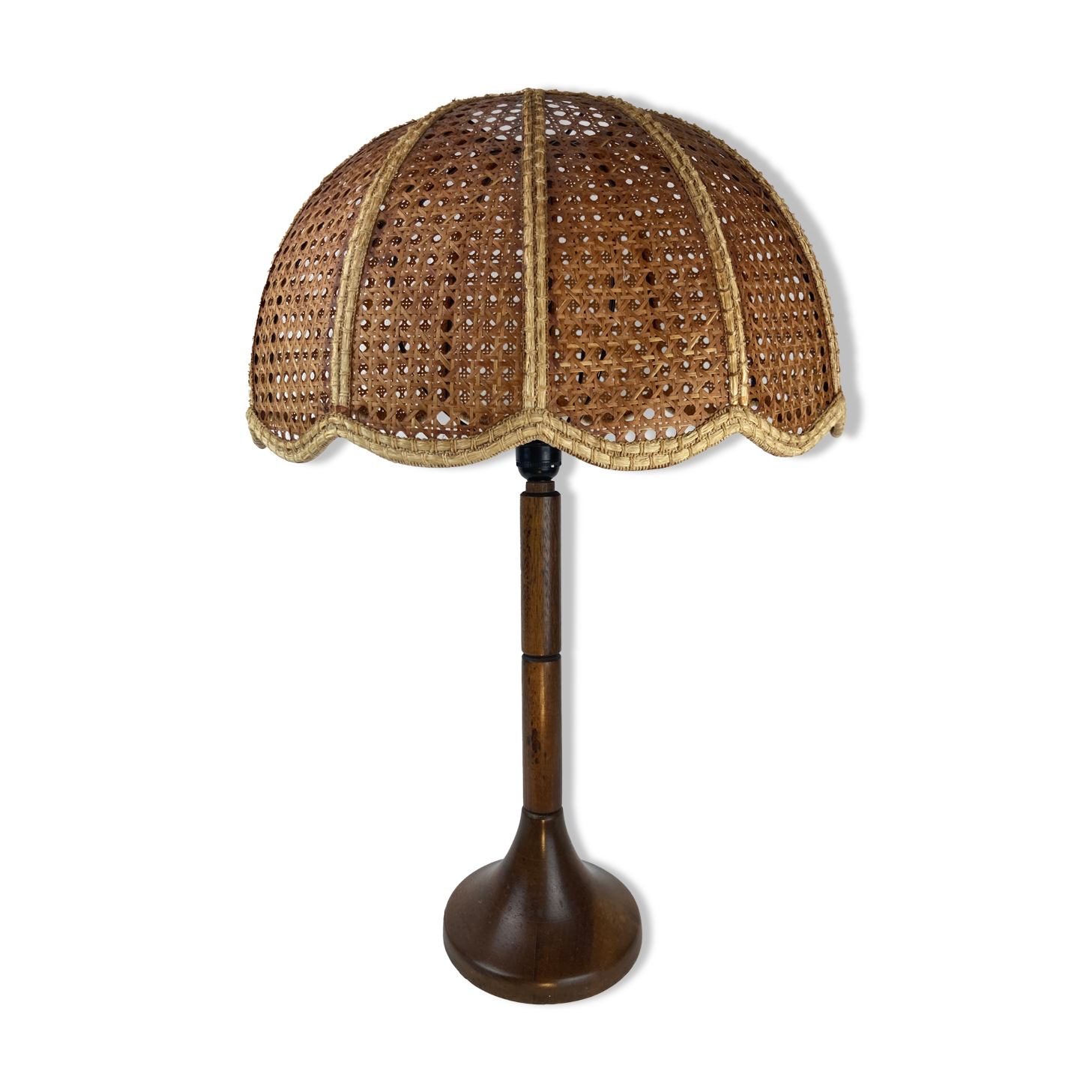 Lampe de table d’abat-jour de champignon en fausse toile de bambou, années 1960