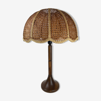 Faux bamboo rattan webbing mushroom shade table lamp, 1960s