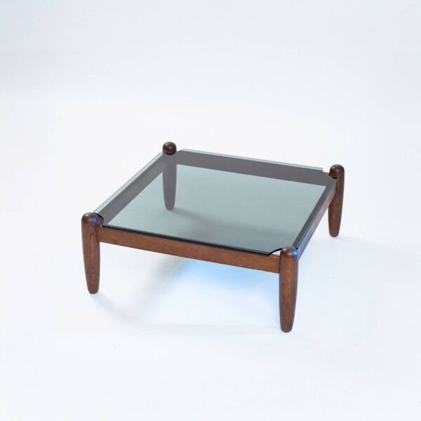 Table basse carrée en chêne et verre de style Japandi, années 1970