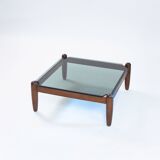Square japandi style glass oak coffeetable, 1970s