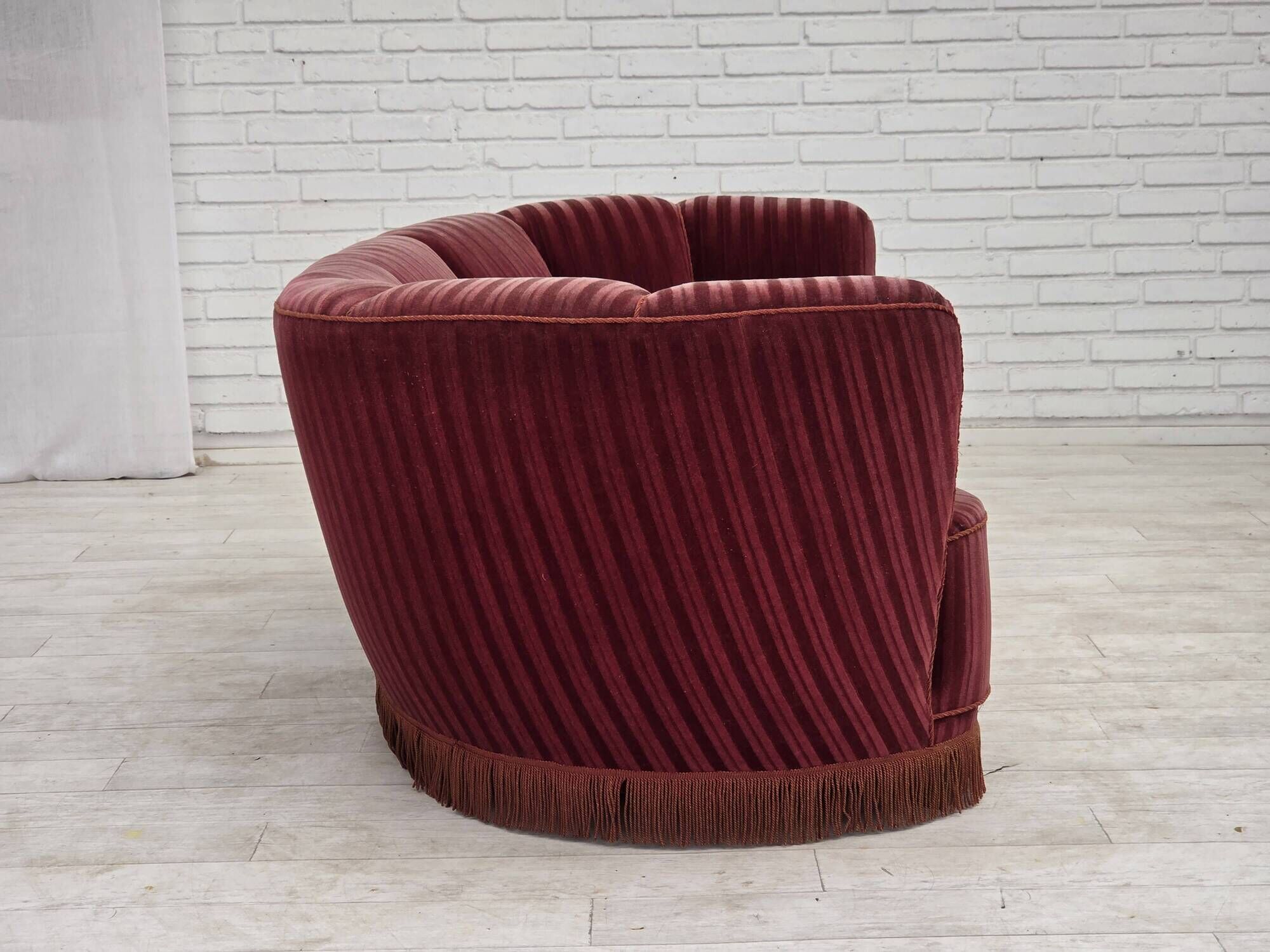 1960s, Danish 2-seater "Banan" sofa, furniture velour, oak wood.