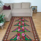 Brown wool rug with colorful boho flowers 142x196cm