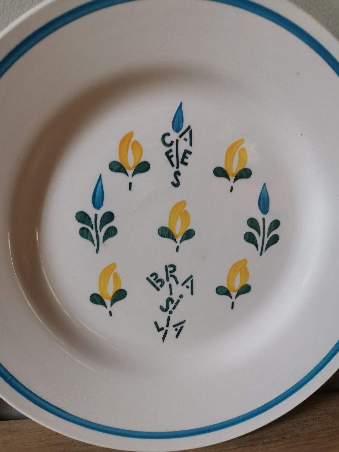 Set of 2 vintage coffee plates Brasilia Sarreguemines Digoin France hand-painted champfleury pattern