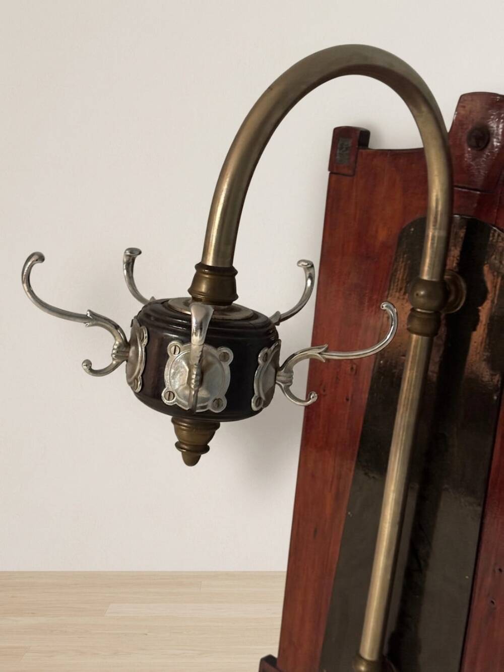 Vintage coat rack mid-century wooden rack with metal hooks, 55 × 40 × 92 cm